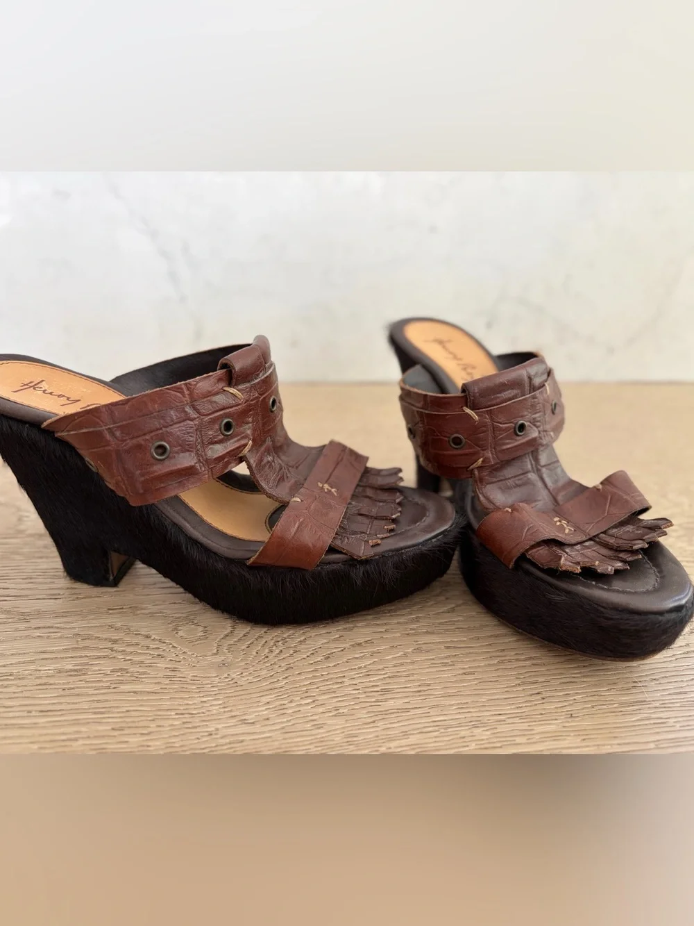 Henry Beguelin Made in Italy Pony Hair And Brown Leather Platform Wedge Mules